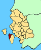 Cartina della Provincia di Carbonia - Igleisias. In rosso il teritorio del comune di Calasetta.